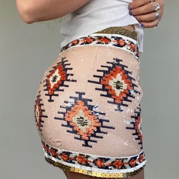 ZARA Beaded Sequin Mini Skirt Size Small Tribal Aztec Embellished Festival Boho - Picture 7 of 9